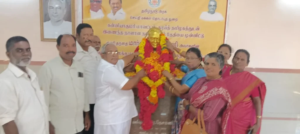 Kumari District Tamil Nadu Merger Day celebration – Social Welfare Movement garlands Nesamani statue at Kanyakumari